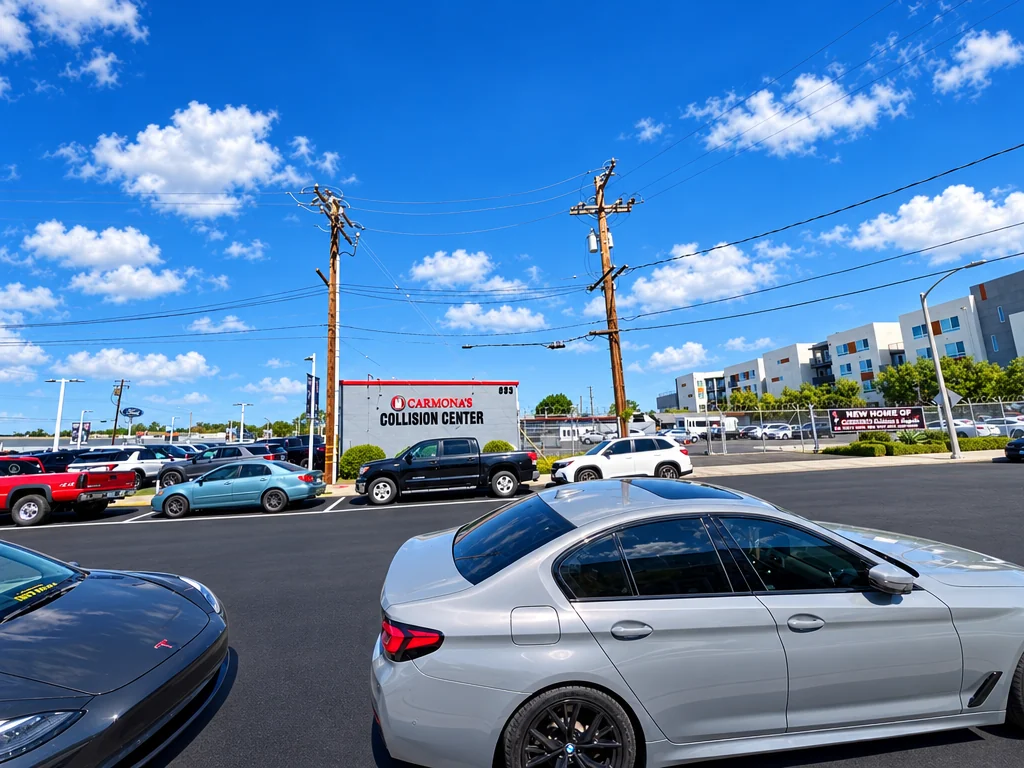 Wide view of Carmona's Collision Center across the lot under a blue sky, with customer vehicles parked outside