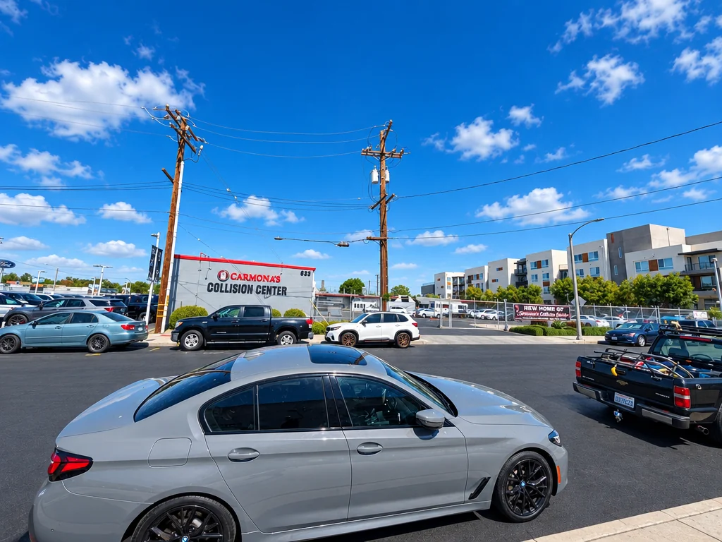 Carmona's Collision Center building seen from the street with a grey BMW sedan in the foreground